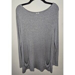 Cable & Gauge Blouse Large Gray White Stripes Tunic Pockets Long Sleeve Scoop Ne
